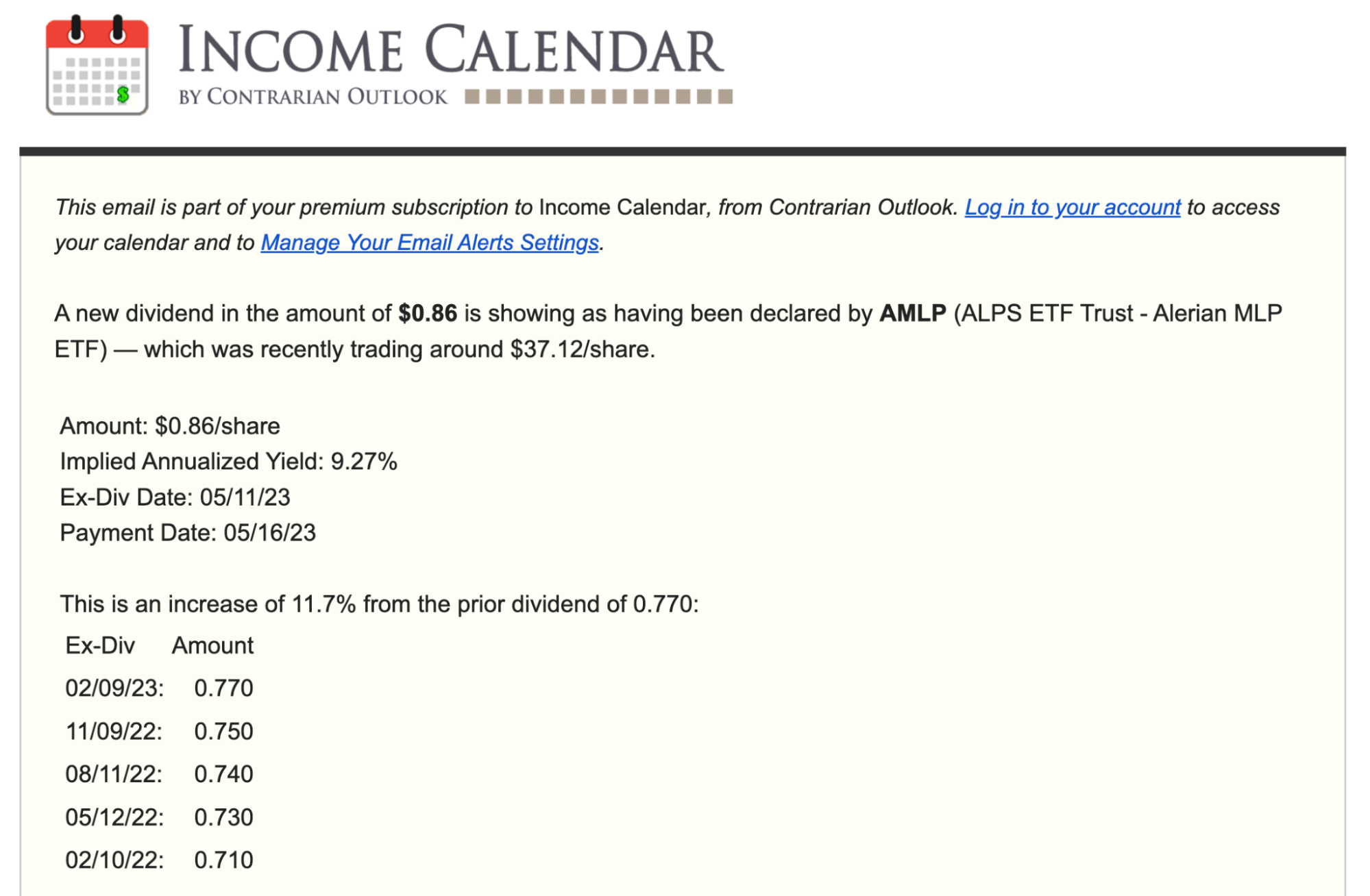 Income Calendar Example: dividend increase email alert